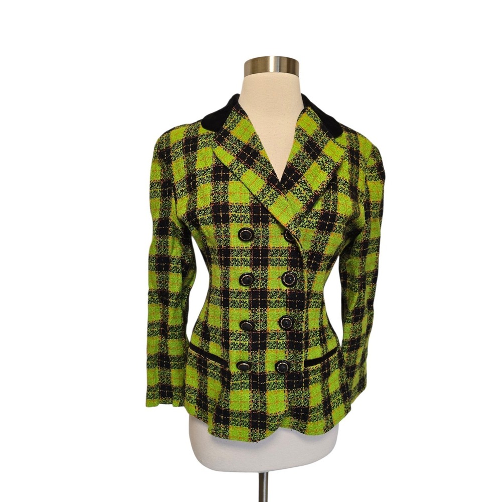 90s Vintage Womens Green Plaid‎ Blazer Jacket Size Green Velvet Lapel
